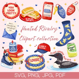 May include: A digital clipart collection featuring various romantic elements. Includes a red phone, a blue sock with banana illustrations, a cake with "LOVERS", a red baseball cap, and other illustrations. The text "Heated Rivalry Clipart collection" is also present.