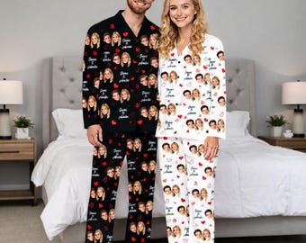 Custom Face Pajama Set, Personalized Satin Long Sleeve matching Couple PJs, Luxury Bridal Party Gift, S-2XL pajama pants and shirt