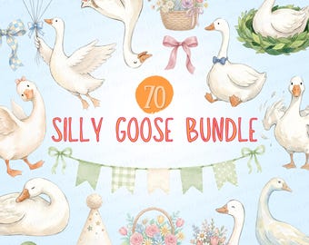 Silly Goose PNG Clipart Bundle, Pink Watercolor Baby Shower Goose SVG, Cottagecore Goose & Coquette Nursery, Goose Balloon PNG