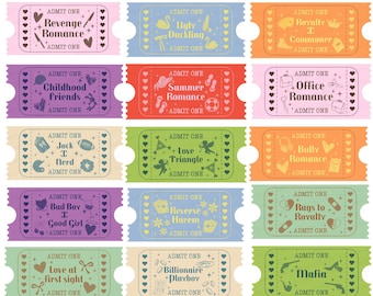 Retro Book SVG Bundle, retro book png, reading svg, Romance Book tropes in retro movie ticket style, retro aesthetic PNG SVG bundle