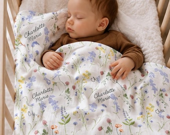 Custom Wildflower Baby Blanket, Newborn Baby Girl Nursery Decor, Personalized Baby Name Blanket, Girls Floral Blanket