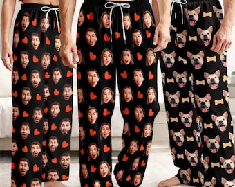 Custom photo bottoms: Personalized Face and Red Heart pajama pants for Women and Men, men pajama pant