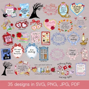 Puede incluir: Colecci&oacute;n de 35 dise&ntilde;os digitales en SVG, PNG, JPG y PDF, inspirados en "Cumbres Borrascosas". Incluye citas como "Soy Heathcliff" e ilustraciones de libros, rosas y corazones. Ideal para proyectos creativos.