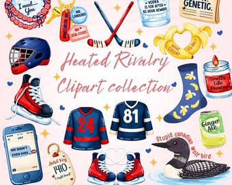 Paquete de imágenes prediseñadas de rivalidad acalorada, paquete de pegatinas PNG de hockey, ilustraciones románticas de hockey, descarga digital PNG de hockey