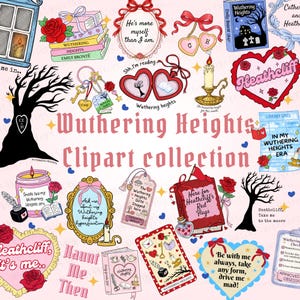 Puede incluir: Una colecci&oacute;n de im&aacute;genes predise&ntilde;adas de Cumbres Borrascosas. Incluye ilustraciones de libros, corazones, rosas, citas y una silueta de &aacute;rbol. La paleta de colores es principalmente rosa, rojo y blanco, con acentos dorados y negros.