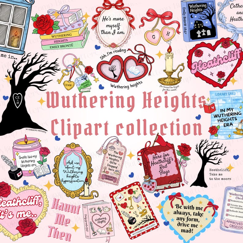 Puede incluir: Una colecci&oacute;n de im&aacute;genes predise&ntilde;adas de Cumbres Borrascosas. Incluye ilustraciones de libros, corazones, rosas, citas y una silueta de &aacute;rbol. La paleta de colores es principalmente rosa, rojo y blanco, con acentos dorados y negros.