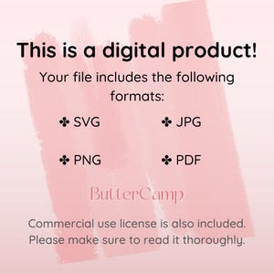 Puede incluir: Gr&aacute;fico de producto digital con el texto "This is a digital product!" y una lista de formatos de archivo: SVG, JPG, PNG y PDF. La imagen tiene un fondo de acuarela rosa e incluye el texto "ButterCamp" y una nota sobre la licencia de uso comercial.