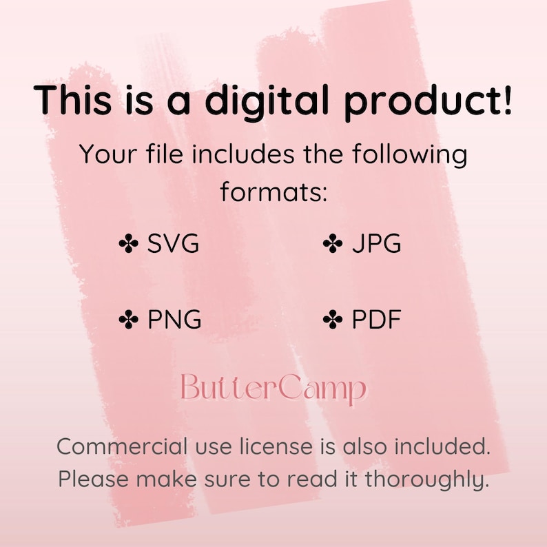 Puede incluir: Gr&aacute;fico de producto digital con el texto "This is a digital product!" y una lista de formatos de archivo: SVG, JPG, PNG y PDF. La imagen tiene un fondo de acuarela rosa e incluye el texto "ButterCamp" y una nota sobre la licencia de uso comercial.