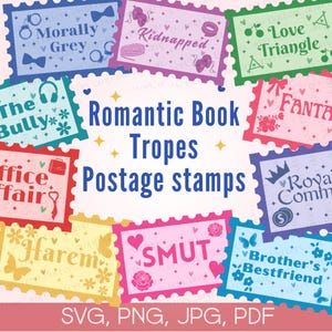 May include: A collection of colorful postage stamp designs featuring romantic book tropes. Each stamp has a unique theme, including "Morally Grey," "Kidnapped," and "Smut." The image also includes the text "Romantic Book Tropes Postage Stamps."