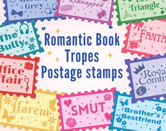 Book Club Stamp bundle SVG, Romance Trope PNGs, book lover postage, romantic book tropes, Digital Download