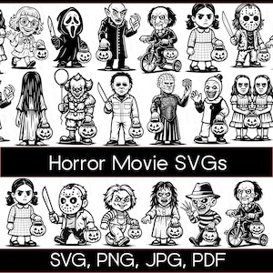 Horror Movie Characters Svg bundle, Mega Horror PNG bundle, spooky halloween clipart kawaii cricut svg files