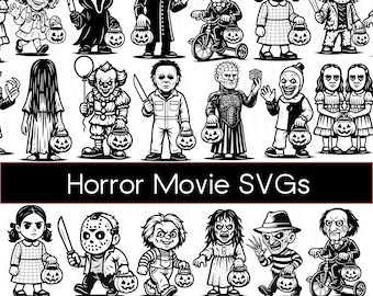 Lot de personnages de films d'horreur, lot Mega Horror PNG, fichiers svg effrayants halloween clipart kawaii cricut
