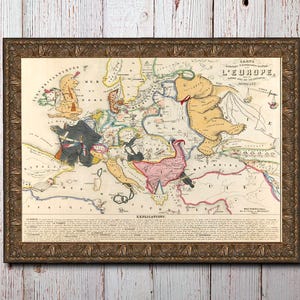 Antieke 19e-eeuwse kaart van Europa/Vintage kaartposter/historische muurkunst/Victoriaanse decoratieve kaart/klassieke wetenschappelijke wanddecor