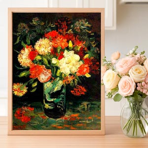 Póster de Jarrón con claveles de Vincent Van Gogh. Arte mural floral vibrante para la decoración del hogar. Regalo perfecto para amantes del arte.