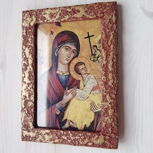 Orthodox Virgin Mary Sorrows Icon | Handmade Religious Wood Art | Aged Patina Christian Gift | Byzantine Sacred Art