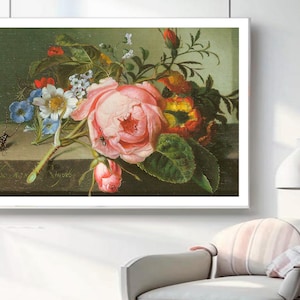 Póster floral e insectos de Rachel Ruysch / Exquisita rama de rosa con escarabajo y abeja / Arte mural artístico / Regalo único para amantes de la naturaleza