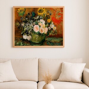 Póster de rosas y girasoles de Vincent Van Gogh. Impresionante bodegón mural para decoración de interiores. Regalo ideal para amantes del arte y la naturaleza.