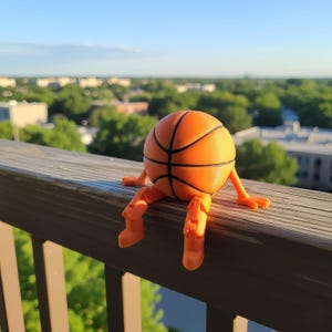 Può includere: Una statuetta di pallone da basket arancione con linee nere, gambe e piedi arancioni, è seduta su una ringhiera di legno. Lo sfondo mostra un paesaggio urbano con alberi verdi e cielo blu.