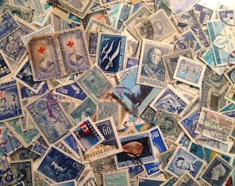 Shades of Blue Vintage Postage Stamps, Lot of 50 Used Off Paper Worldwide Postage Stamps, Philatelic