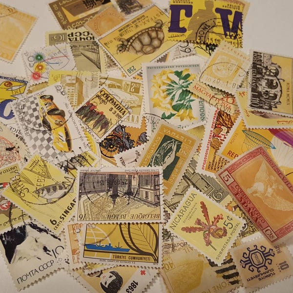 Yellow and Gold Shades Vintage Postage Stamps, Used Off Paper Worldwide Stamps, Lot of  50 Yellow & Gold Used Stamps Junk Journal Supply