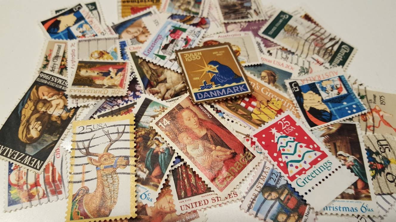 Used Vintage Christmas Postage Stamps, Used Off Paper  50 Piece Lot o…