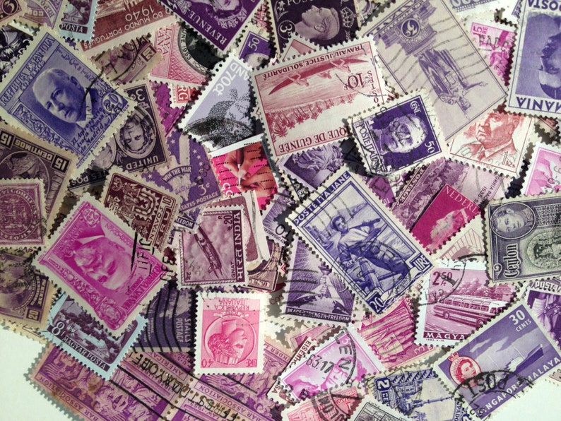 Shades of Purple and Pink Vintage Worldwide Off Paper Used Postage Stamps, Foreign Ephemera Stamps, Philatelic