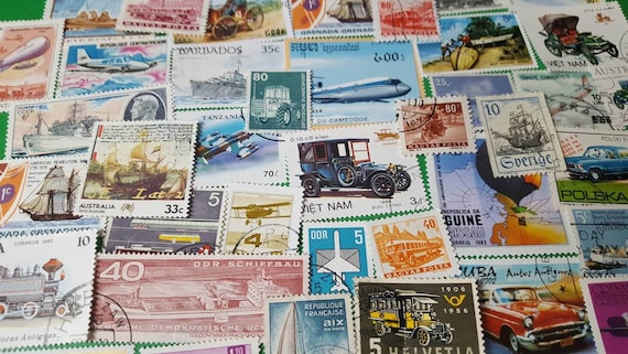 Transportation  Worldwide Off Paper Used Postage Stamps, Foreign Ephemera Stamps, Philatelic, Planes, Trains, Automobile and Boats 50 Stamps