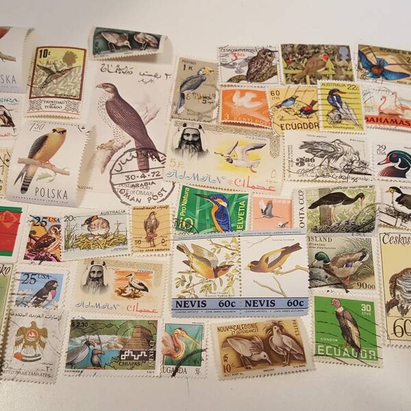 Bird Stamps Used Off Paper Worldwide Postage Stamps, Vintage Paper Ephemera Stamps, Philatelic, 50 Used Stamps