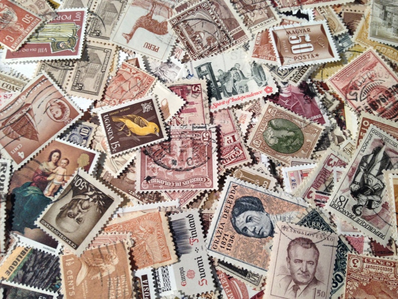 Brown Stamps & Neutral Shades Vintage Postage Stamps, Used Off Paper Worldwide Stamps, 50 Piece Lot