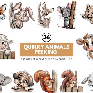 36 animaux fantaisistes jetant un coup d'oeil dans les coins Clipart | Ensemble PNG d'animaux humoristiques et insolites | Collection de cliparts animaux stupides