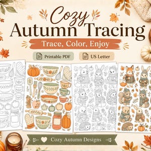 Puede incluir: Cuatro páginas PDF imprimibles en tamaño US Letter con diseños de Cozy Autumn Tracing. Dos hojas muestran utensilios de cocina en contorno y color, mientras que dos hojas ilustran animales del bosque con suéteres en contorno y color.