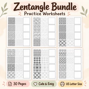 May include: A Zentangle Bundle Practice Worksheets set featuring 30 pages in US Letter size. The document displays six grids containing black and white geometric patterns, line art designs, and empty squares for drawing practice.