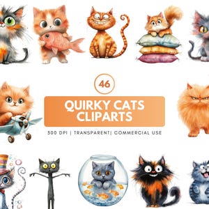 Quirky Cat Clipart: 46 Whimsical Kitten PNG Graphics (Digital Download)