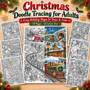 Puede incluir: Un libro de colorear Christmas Doodle Tracing for Adults con 64 páginas. La portada muestra el título y varias páginas para colorear en blanco y negro con temática navideña, incluyendo un tren, un camión rojo y escenas invernales.