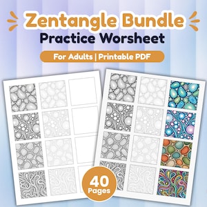 May include: A Zentangle Bundle Practice Worksheet printable PDF for adults with 40 pages. The document features grids of black and white line art patterns alongside coloured examples of intricate circular and organic shapes.