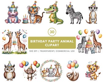 Safari Tiere Geburtstag Clipart: Aquarell Dschungel Party (Kommerzielle Nutzung, 30 PNGs)