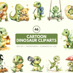 Watercolor Cartoon Dinosaur Clipart | 46 PNG Baby Dinosaurs | Cute Dino Birthday Party Decor Nursery | Instant Download Digital Graphics