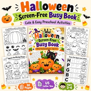 Pode incluir: Um livro de atividades de Halloween sem telas com 30 exercícios pré-escolares. A capa mostra um gato preto e abóboras. Quatro páginas de atividades são exibidas, incluindo montar uma abóbora, combinar formas, traçar letras e jogos de fantasmas.