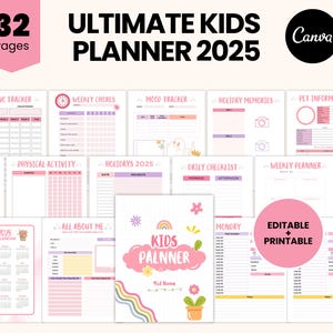Editable Kids Planner 2025 - Printable Daily Routine, School Tasks, Chore Charts, Gratitude Journal, Weekly Schedule PDF Digital Download