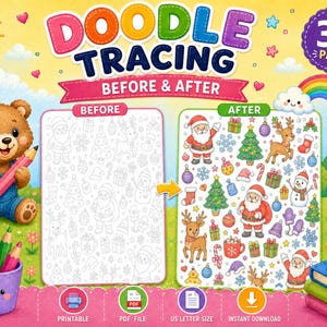 Puede incluir: Una hoja de actividades de calco digital con 30 páginas de ilustraciones navideñas. El gráfico muestra un oso pardo con un lápiz, una comparación de antes y después para calcar e iconos de imprimible, archivo PDF y descarga instantánea.