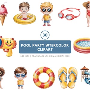 Cute Pool Party Clipart , Nursery Poolside, Watercolor Clipart, Children&#39;s | Kids  Birthday Party, Summer Cliparts for Kids, COMMERCIAL USE