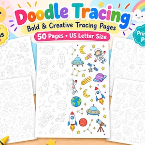 Pode incluir: Doodle Tracing Bold & Creative Tracing Pages 50 Pages US Letter Size Printable PDF. Uma coleção de folhas de atividades com temas de espaço, clima e insetos, contendo desenhos de linhas para traçar e algumas ilustrações coloridas.