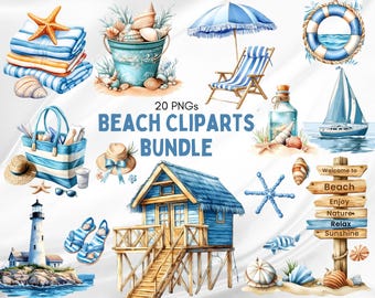 Aquarell Strand Clipart Bundle: Sommer Nautik PNGs (kommerzielle Nutzung)