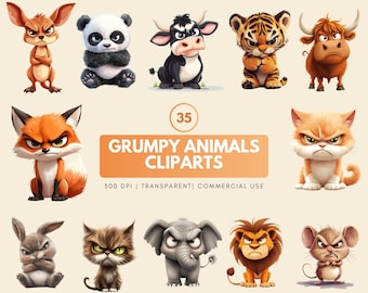 Mürrische Tier Aquarell Clipart Bundle: Stimmungsvolle PNG Illustrationen (digitaler Download)