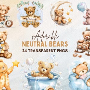 Watercolor Teddy Bear Clipart: Boho Nursery PNG (Commercial Use)