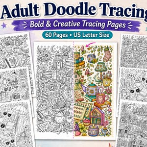 Pode incluir: Uma coleção de páginas de traçado para adultos com 60 folhas no formato US Letter. As imagens exibem ilustrações complexas em preto e branco de vários objetos, com uma página central parcialmente colorida em tons vibrantes.