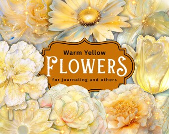 Warm Yellow Flower Clipart, Transparent PNG, Etherial Flower Cliparts, 60 cliparts, Junk Journal, Flower Junk Journal, Printable Flowers