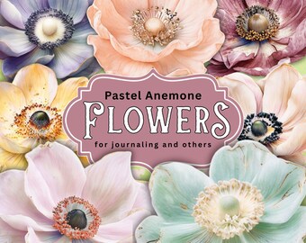 Pastel Anemone Flower Clipart 40 PNG Flower Junk Journals  Pastel Flowers Ephemera Printable Flowers mixed media flowers watercolor flowers