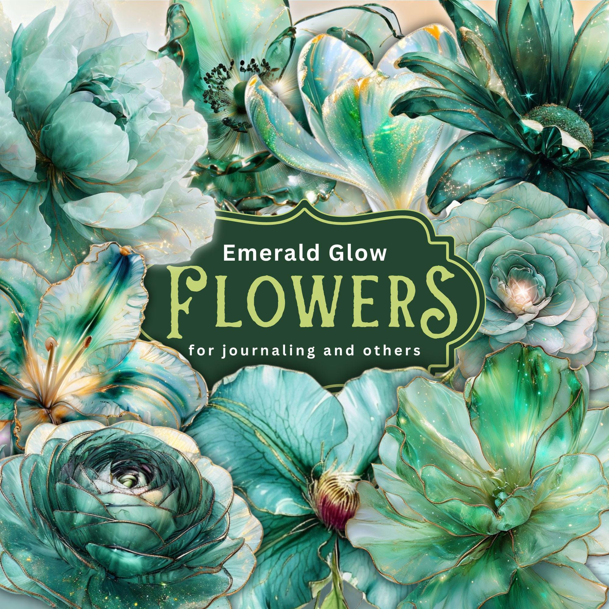 Emerald Green Flower Clipart, 60 PNG, Ethereal Transparent Floral Set, Junk Journal Digital Flowers, Green Flowers, Glass flowers, Fuzzy Cut