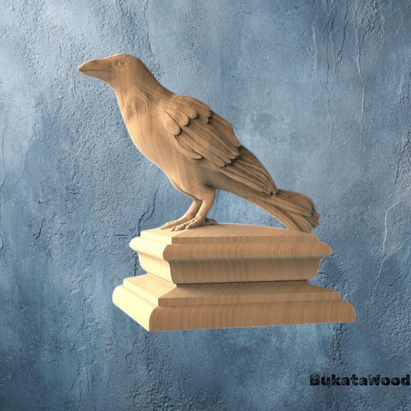 Raven Newel Post Cap: Wooden Bird Finial for Staircase
